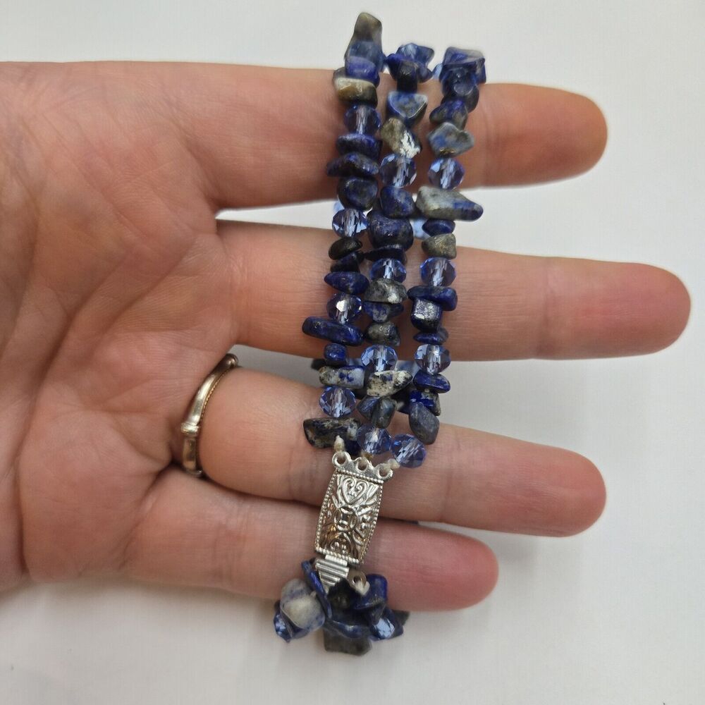 Vintage Blue Sodalite Chips Beads Three Strand Chunky Bracelet Box Clasp 8"